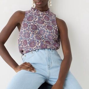 J. Crew Fleur Linen‎ Sleeveless Ruffle Trim Top in Sail Blue Paisley Floral